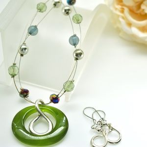 Simulated Jade Green Pendant and Earring Set